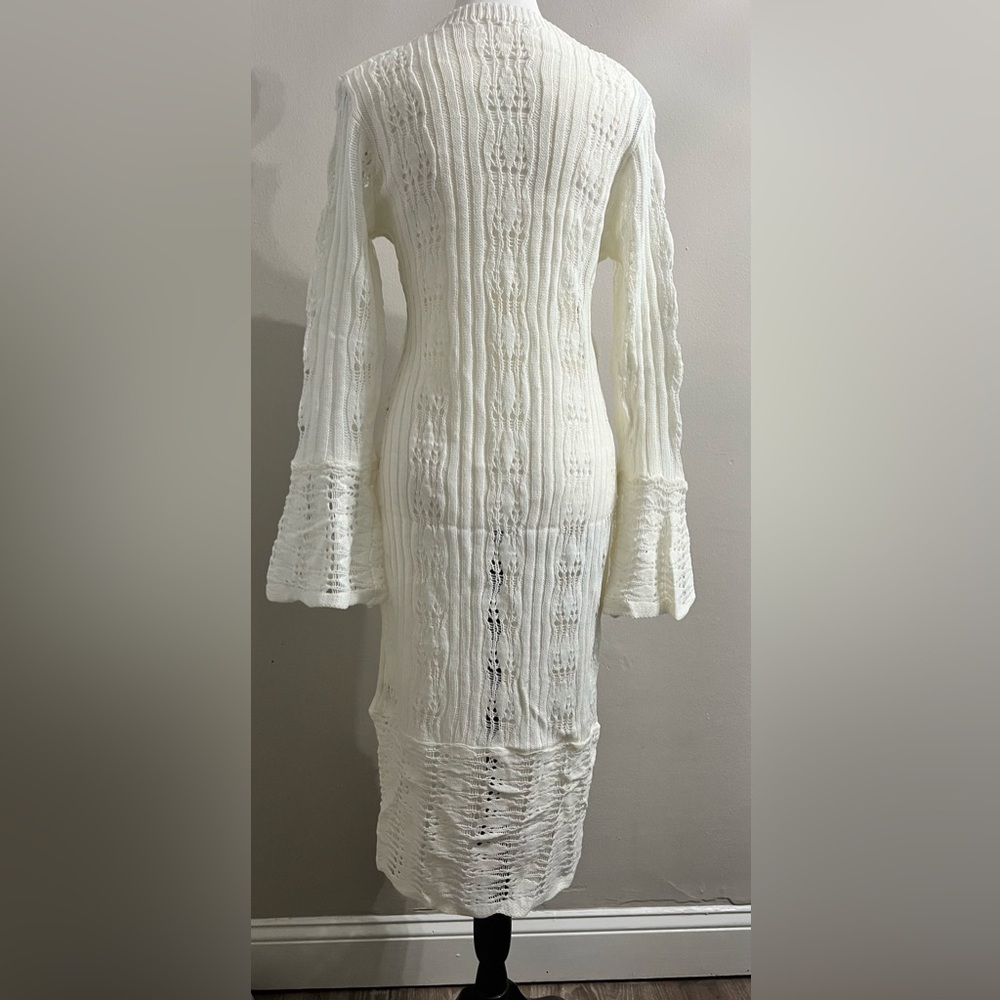 Cream Crochet Button Front Bell Sleeves Long Cardigan - Picture 3 of 11